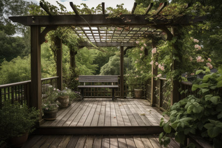 pergola with trellis and climbing vines on wooden deck, created with generative aiの素材