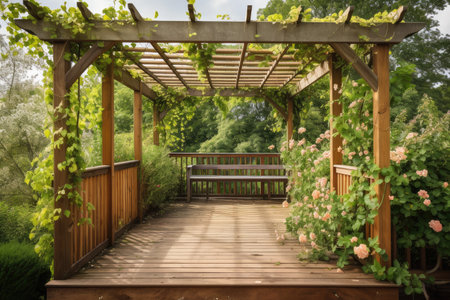 pergola with trellis and climbing vines on wooden deck, created with generative aiの素材