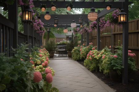 pergola with hanging lanterns and blooming plants, created with generative aiの素材