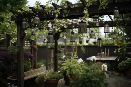 pergola with hanging lanterns and blooming plants, created with generative aiの素材