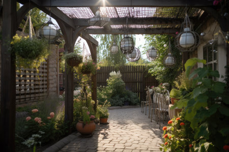 pergola with hanging baskets and lanterns for a warm, inviting atmosphere, created with generative aiの素材