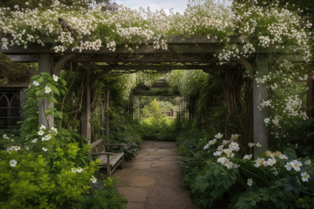 pergola covered in fragrant honeysuckle vines, surrounded by blooming flowers, created with generative aiの素材