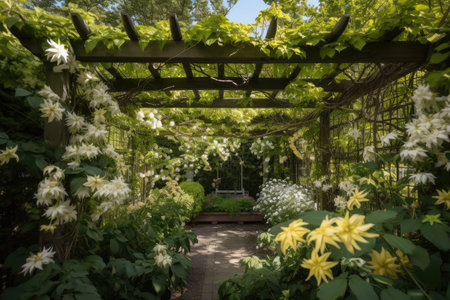 pergola covered in fragrant honeysuckle vines, surrounded by blooming flowers, created with generative aiの素材