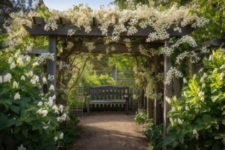 pergola covered in fragrant honeysuckle vines, surrounded by blooming flowers, created with generative aiの素材