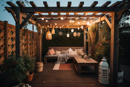 pergola with hanging lanterns and potted plants, creating shaded outdoor living space, created with generative aiの素材