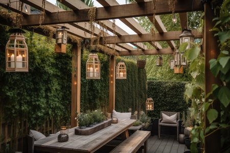 pergola with hanging lanterns and potted plants, creating shaded outdoor living space, created with generative aiの素材