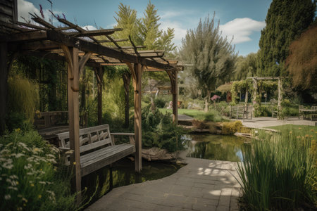 pergola overlooking the garden and pond, with benches for relaxing, created with generative aiの素材