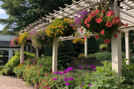 pergola with hanging baskets and blooming flowers in the background, created with generative aiの素材