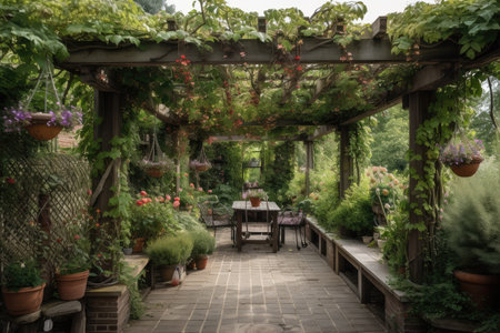 pergola with hanging baskets and pots of flowers, surrounded by lush greenery, created with generative aiの素材