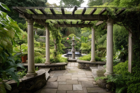 pergola with view of garden and tumbling waterfall, surrounded by lush greenery, created with generative aiの素材