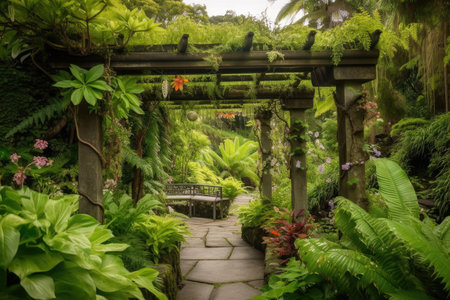 pergola with view of garden and tumbling waterfall, surrounded by lush greenery, created with generative aiの素材