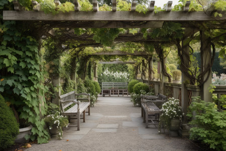 pergola with hanging vines and garden chairs, created with generative aiの素材