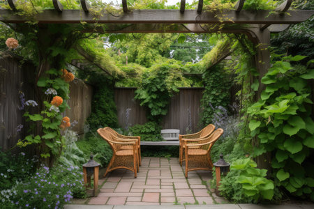 pergola with hanging vines and garden chairs, created with generative aiの素材