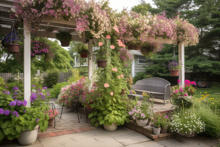 pergola with hanging baskets of blooming flowers and gazebo for shade, created with generative aiの素材