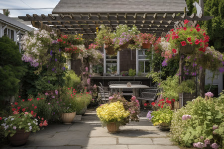 pergola with hanging baskets of blooming flowers and gazebo for shade, created with generative aiの素材
