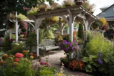 pergola with hanging baskets of blooming flowers and gazebo for shade, created with generative aiの素材