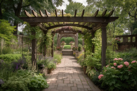 pergola surrounded by lush greenery and flowers, creating a serene setting, created with generative aiの素材
