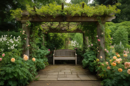 pergola surrounded by lush greenery and flowers, creating a serene setting, created with generative aiの素材