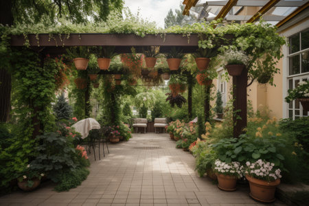 pergola with potted plants and hanging baskets surrounded by lush greenery, created with generative aiの素材