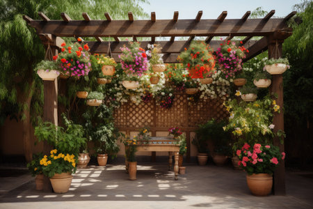 pergola with hanging pots and floral arrangements, created with generative aiの素材