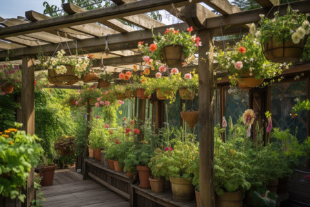 pergola with hanging pots and floral arrangements, created with generative aiの素材