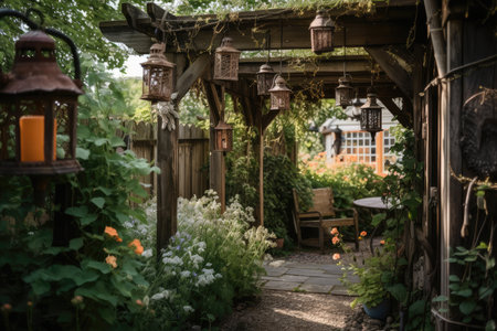 pergola with flowering vines and rustic lanterns, created with generative aiの素材