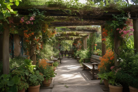 pergola adorned with hanging baskets and flowering plants, surrounded by lush greenery, created with generative aiの素材