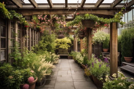 pergola adorned with hanging baskets and flowering plants, surrounded by lush greenery, created with generative aiの素材