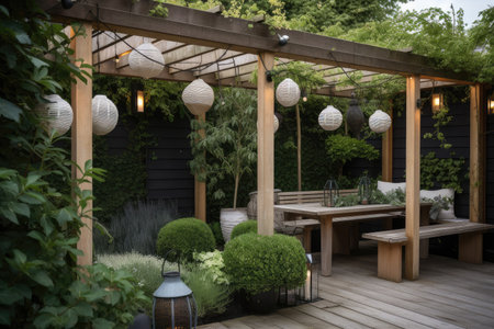 pergola with hanging lanterns and potted plants in contemporary garden, created with generative aiの素材