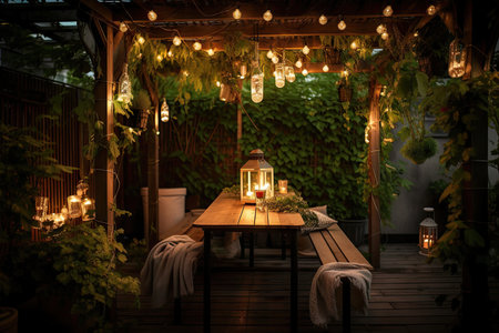 pergola decorated with hanging plants, lanterns and candles for romantic evening, created with generative aiの素材