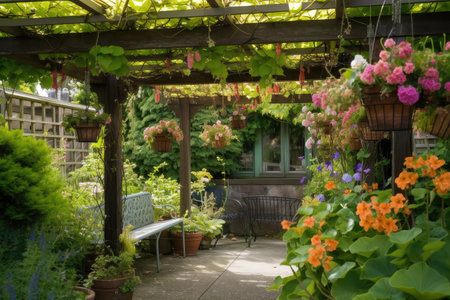 pergola with hanging baskets of flowers and lanterns in the garden, created with generative aiの素材