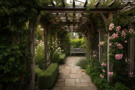 pergola covered in climbing roses and surrounded by lush greenery, created with generative aiの素材