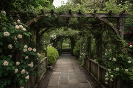 pergola covered in climbing roses and surrounded by lush greenery, created with generative aiの素材