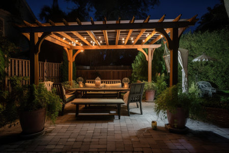 pergola with outdoor and patio furniture for relaxing after a long day, created with generative aiの素材