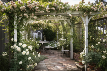 pergola with climbing roses and hanging pots on a white stone patio, created with generative aiの素材