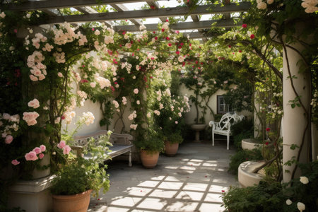 pergola with climbing roses and hanging pots on a white stone patio, created with generative aiの素材