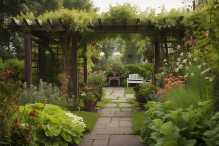 pergola surrounded by lush foliage and flowers, created with generative aiの素材