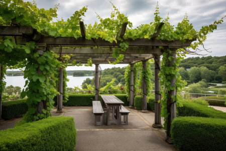 pergola covered in lush vines with a view of the tranquil lake, created with generative aiの素材