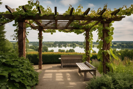 pergola covered in lush vines with a view of the tranquil lake, created with generative aiの素材