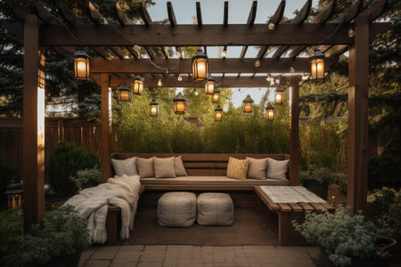 pergola with hanging lanterns and plush outdoor seating, created with generative aiの素材