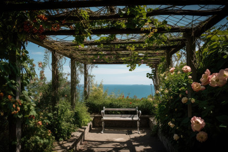 a pergola covered in climbing roses and ivy, with a view of the sea, created with generative aiの素材