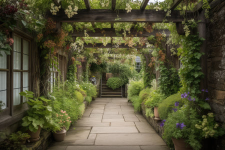 pergola with hanging baskets of trailing plants and lanterns, created with generative aiの素材