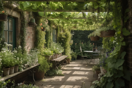 pergola with hanging baskets of trailing plants and lanterns, created with generative aiの素材