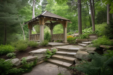 pergola and gazebo in forest with natural stone steps, created with generative aiの素材
