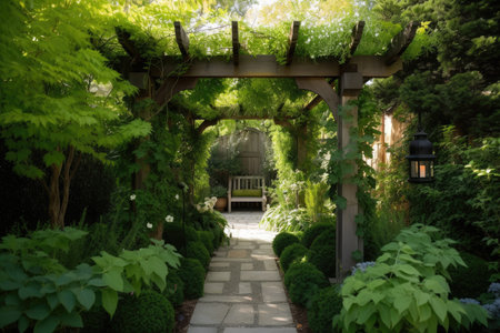pergola with hanging lanterns and lush plantings for shady retreat, created with generative aiの素材