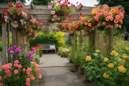 pergola with hanging baskets overflowing with colorful blooms, created with generative aiの素材