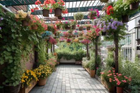 pergola with hanging baskets overflowing with colorful blooms, created with generative aiの素材