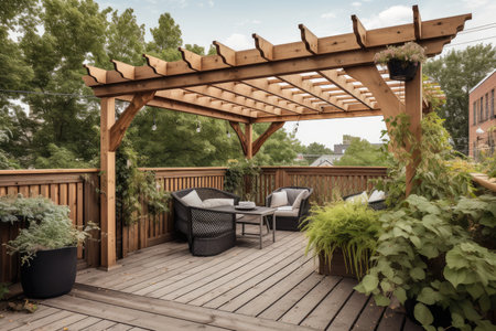 pergola over deck with lounge chairs and potted plants, created with generative aiの素材