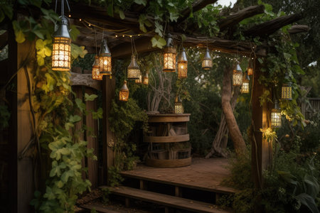 creative pergola with climbing vines and hanging lanterns, created with generative aiの素材