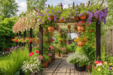 pergola with hanging baskets of blooming flowers in a beautiful garden, created with generative aiの素材